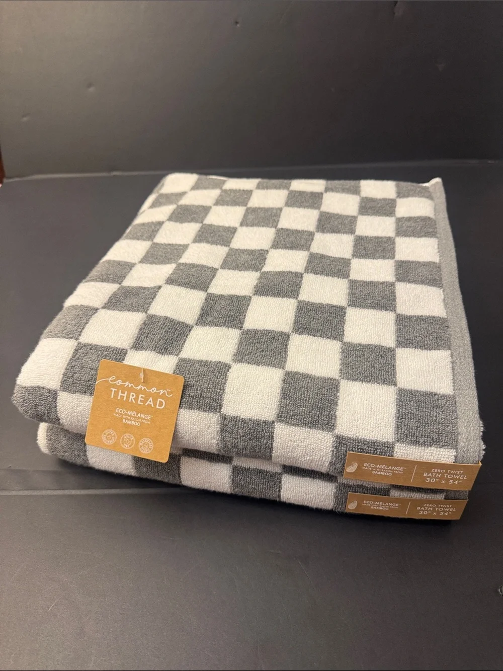 2pc COMMON THREAD Eco-Melange Bamboo Zero Twist Checkered Bath Towel Set